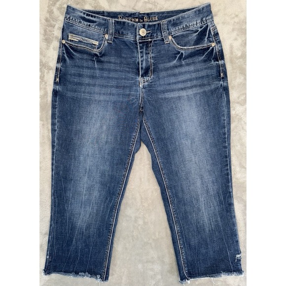 Rhythm In Blues Denim - Rhythm In Blues Cutoff Capri Jeans Sz 10 Mid Rise Stretch Med Wash Thick Stitch